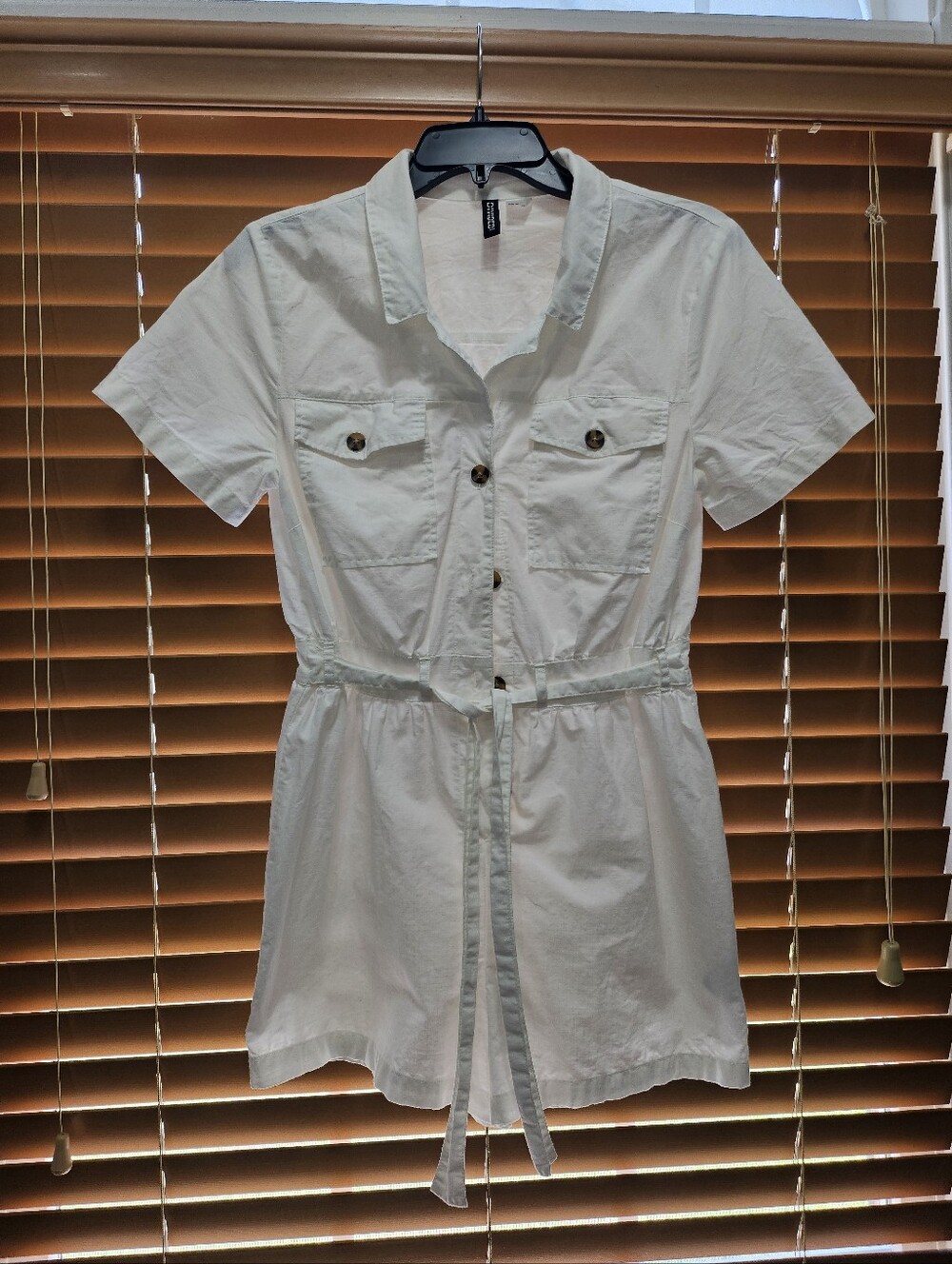 H&M White Short-Sleeve Shirt Dress with Tie Waist, Utility Romper